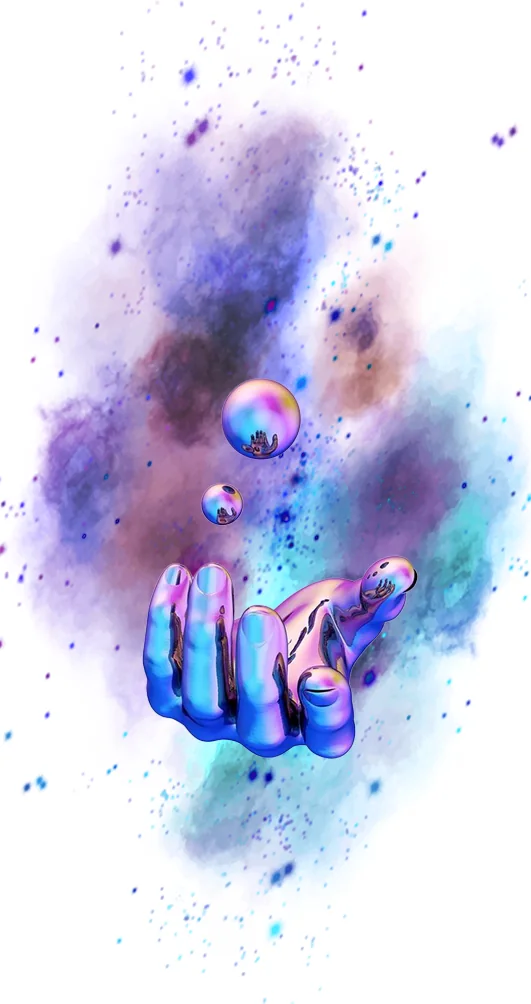 A hand releasing iridescent bubbles into a field of color