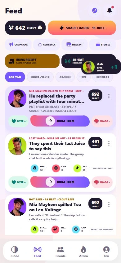 Cloutback's social feedback feed with Hype, Judge Them, and Shade actions, using fictional demo players