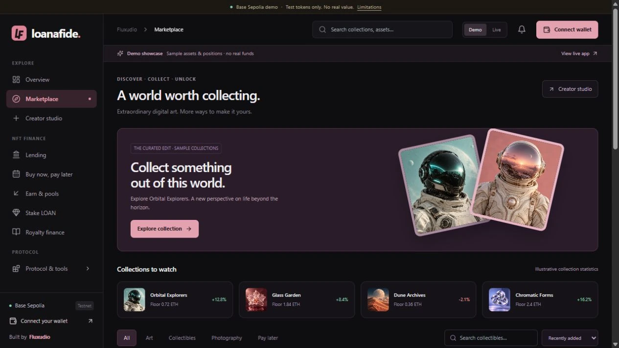 Loanafide marketplace with digital collectibles, featured collections, and NFT finance tools