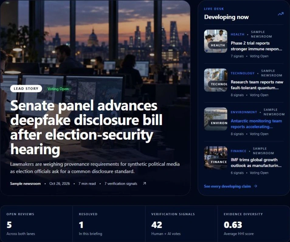 TruthChain's redesigned editorial news feed with a photographic lead story, illustrated developing stories, and verification counts, using seeded preview records